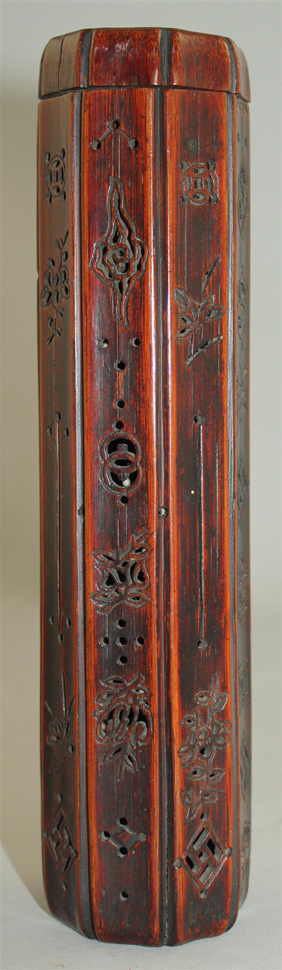 A Chinese bamboo perfume holder and cover, 19th century, 21.2cm, splits and slight losses